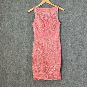 SUE WONG Nocturne Pink Embroidered Mesh Sheath Cocktail Dress Size 2
